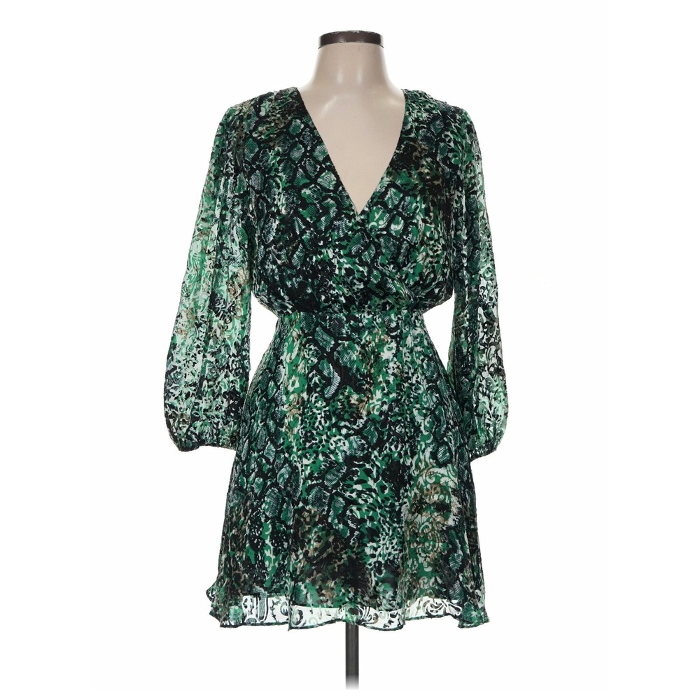 Alice + Olivia Mini Dress Womens 6 Green Snakeskin Silk Burnout Boho Luxe